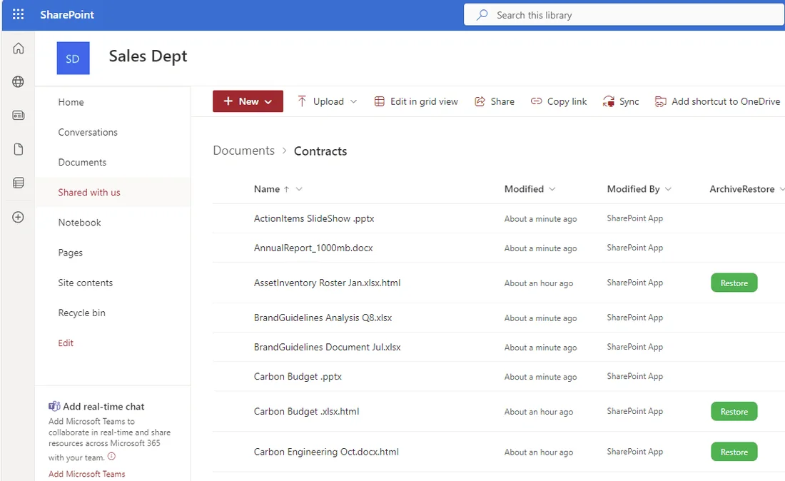 A SharePoint library with a stub, AssetInventory Roster Jan.xlsx.html, and a green Restore button in the Archive / Restore column
