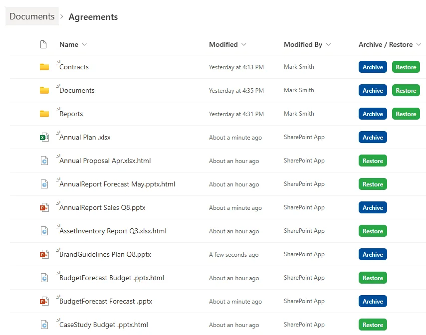 A SharePoint library where each folder has an Archive and a Restore button in the Archive / Restore column