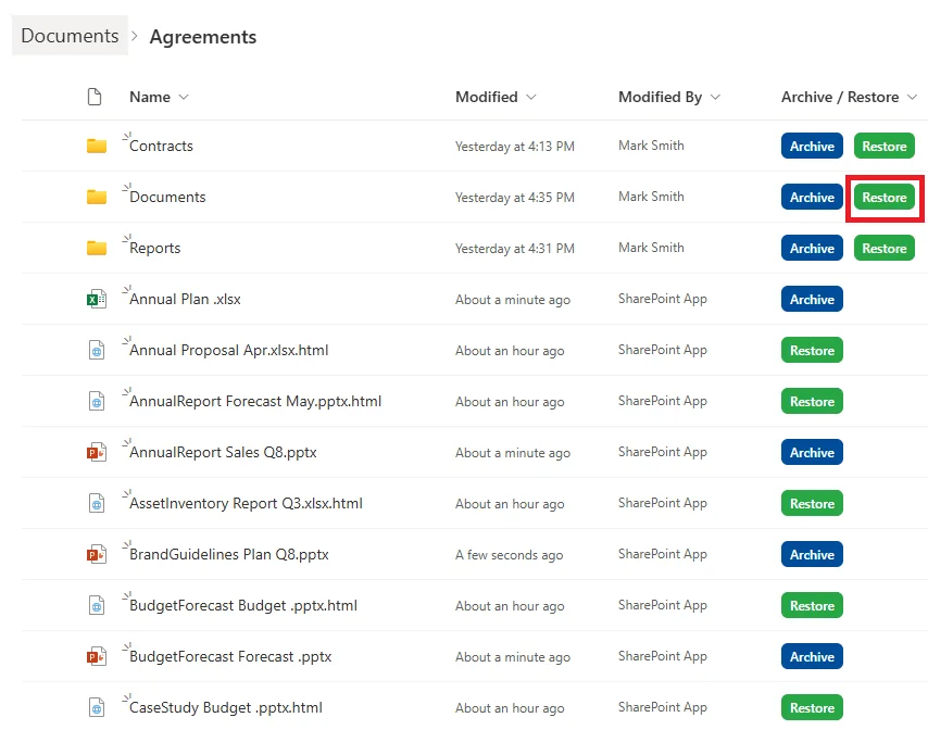 The Restore button beside the Documents folder, highlighted