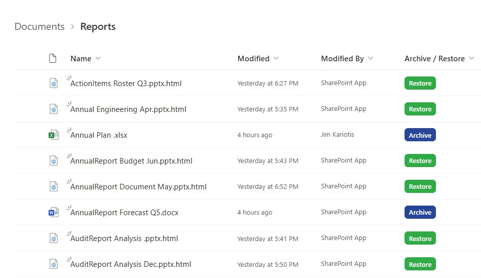 A SharePoint library with an Archive / Restore column: green Restore buttons beside the stubs and blue Archive buttons beside the files still in SharePoint