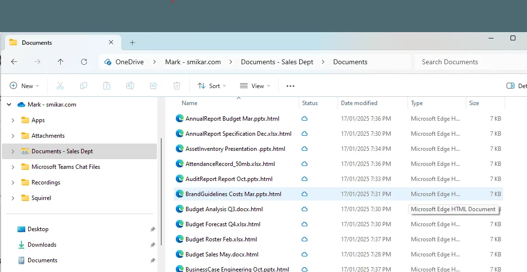 A SharePoint library synced to File Explorer, with stub files shown as .html files