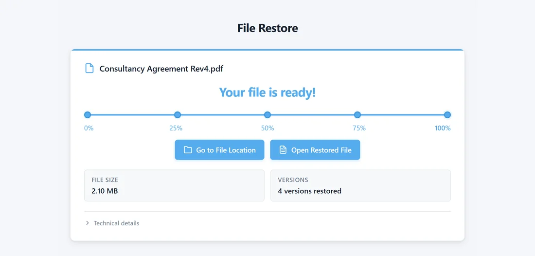 The File Restore page when the restore is finished: Your file is ready, with the Go to File Location and Open Restored File buttons, the file size and the number of versions restored