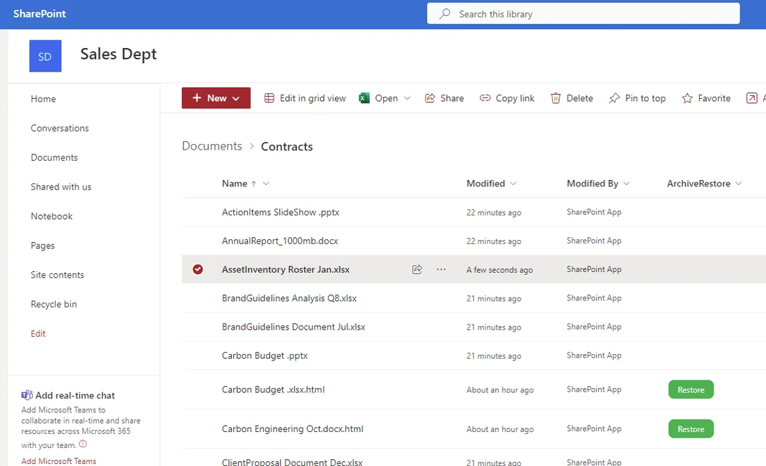 The same library after the restore: AssetInventory Roster Jan.xlsx is back, with no .html on the end