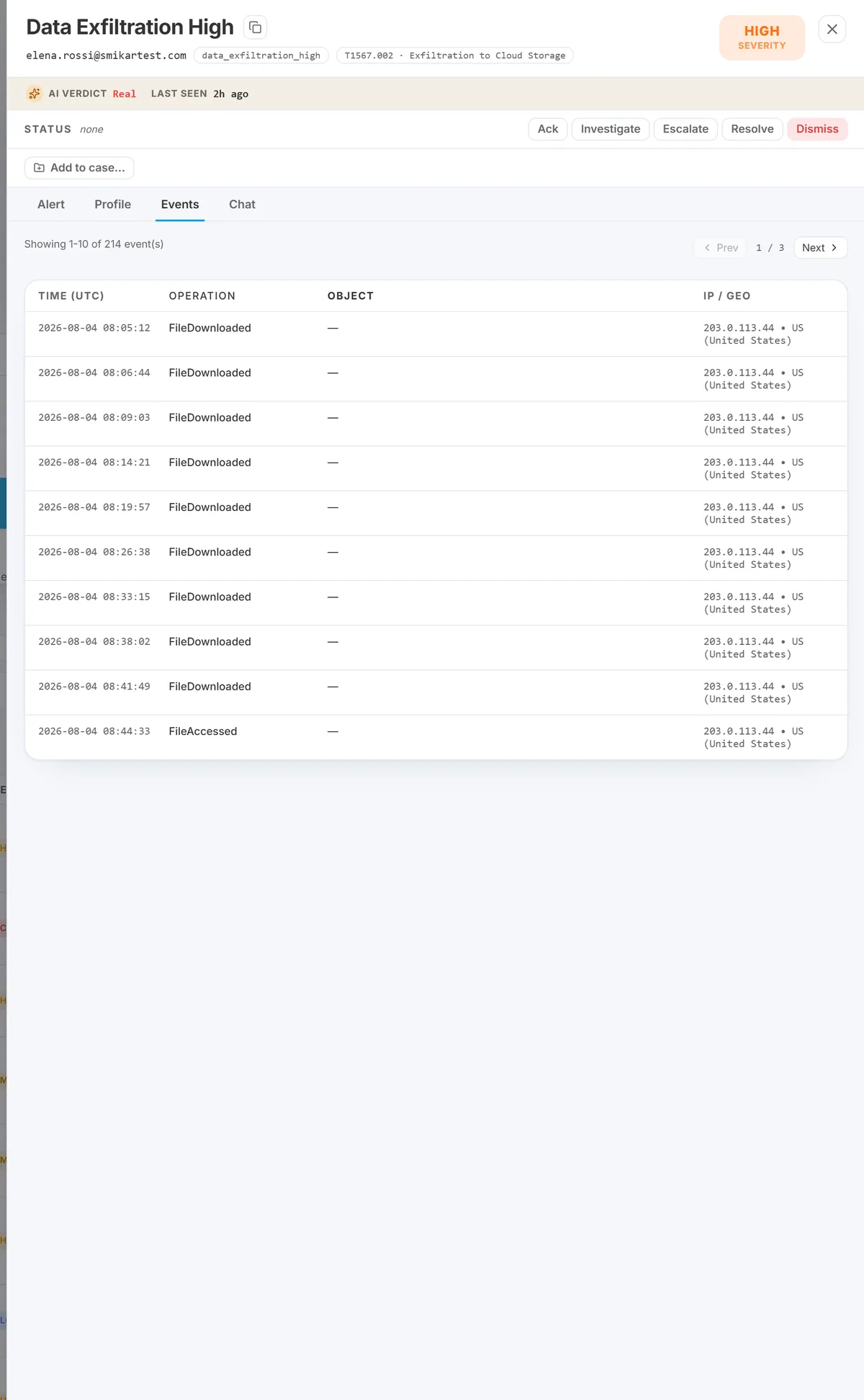 The Events tab, listing the underlying audit events with time, operation, object and source IP