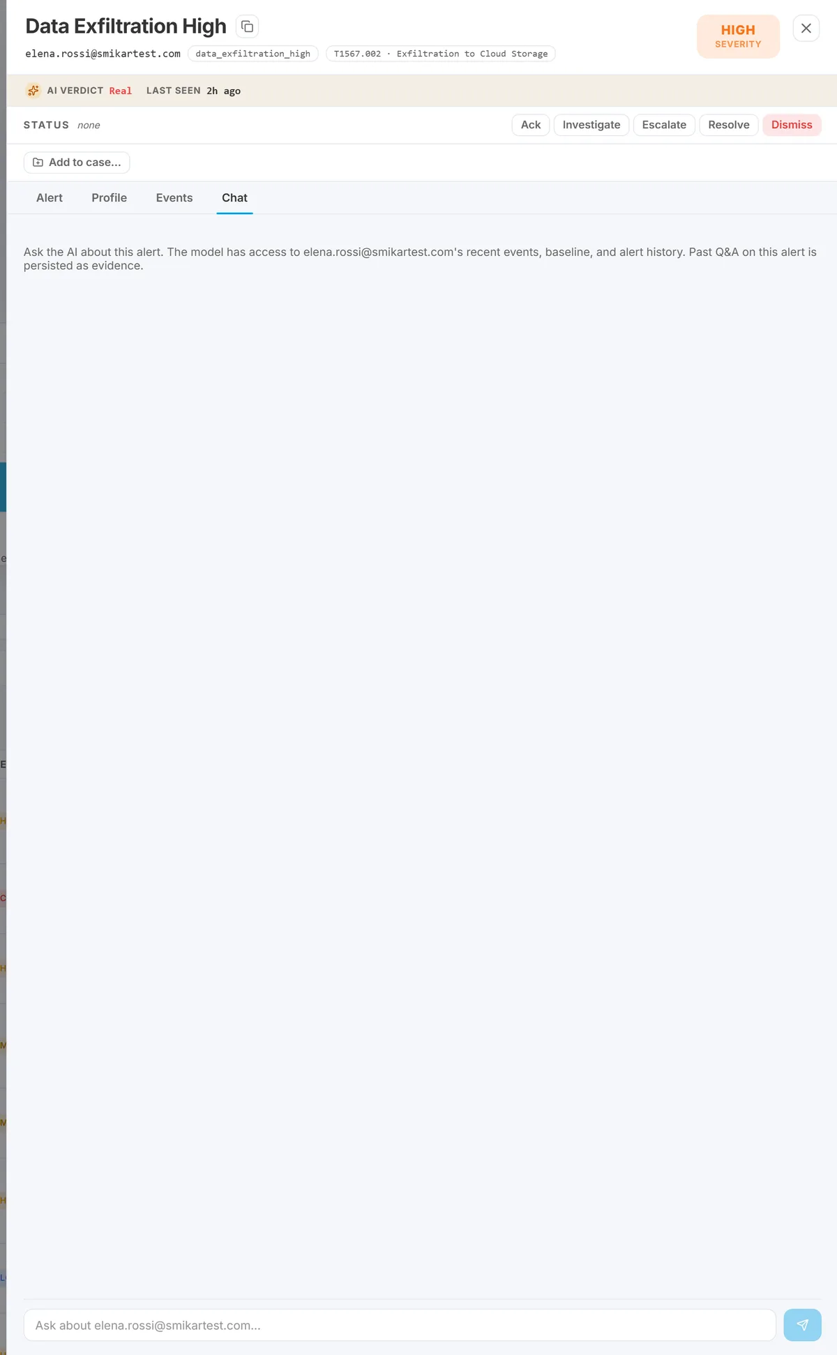 The Chat tab inside the alert drawer, where questions about this alert are asked and the thread persists between shifts