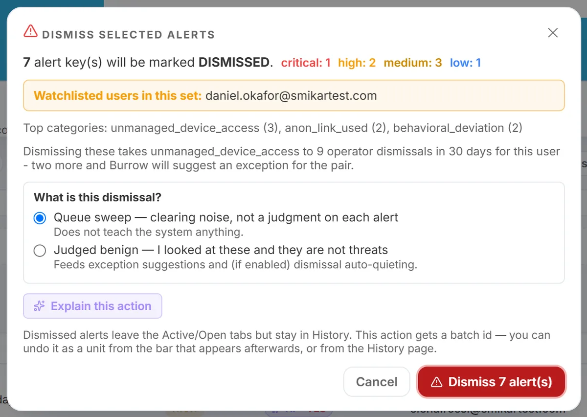 The dismissal impact dialog: how many alerts, their severity mix, watchlisted users in the set, the top categories, a warning that this is close to auto-quieting the pattern, and the queue-sweep versus judged-benign choice
