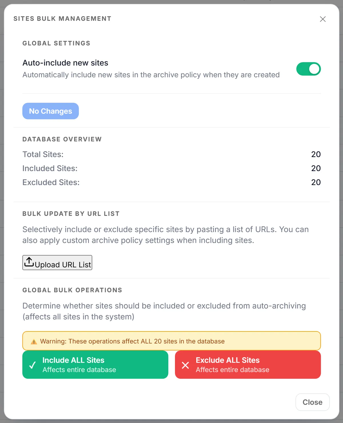 The Bulk Site Management dialog, for including or excluding many sites at once