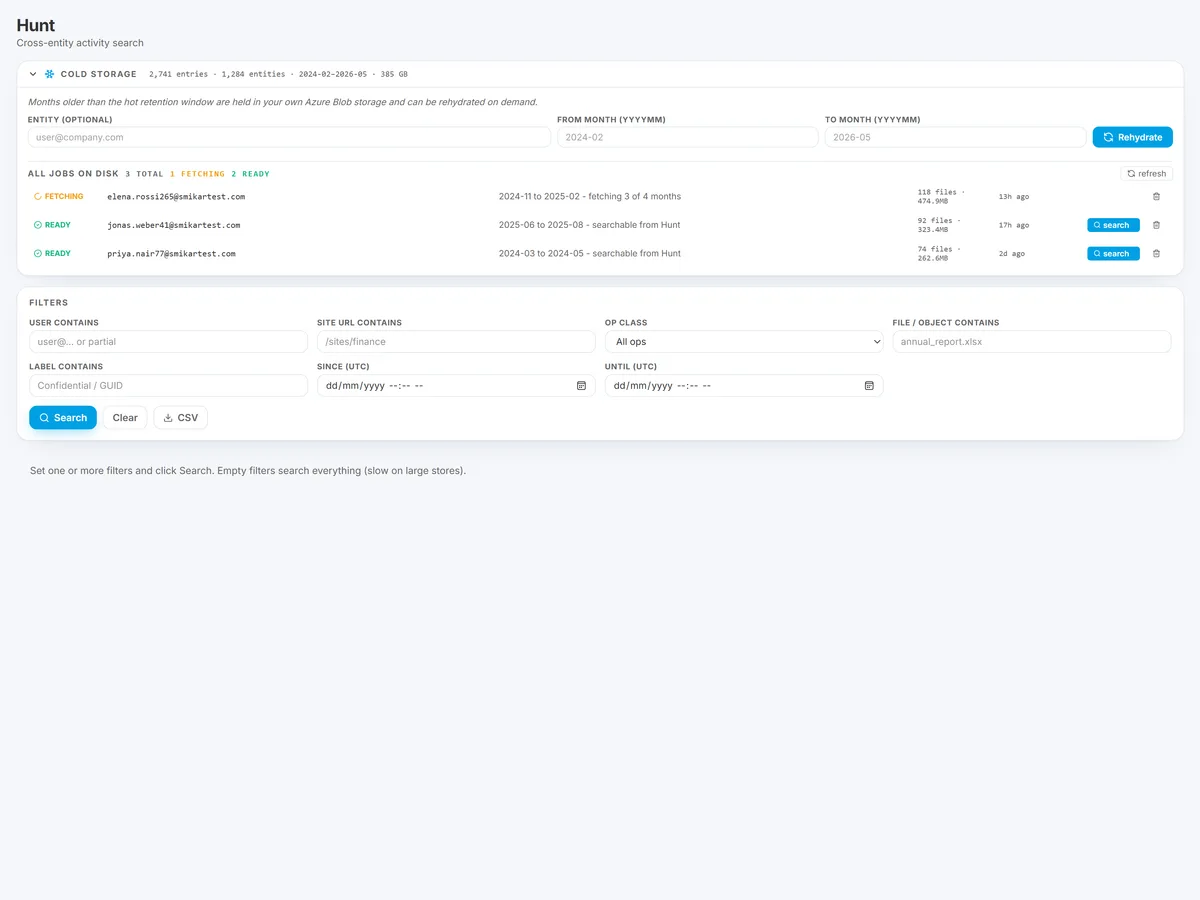 The Cold Storage panel expanded on the Hunt page, showing what is held in cold storage and the rehydrate controls