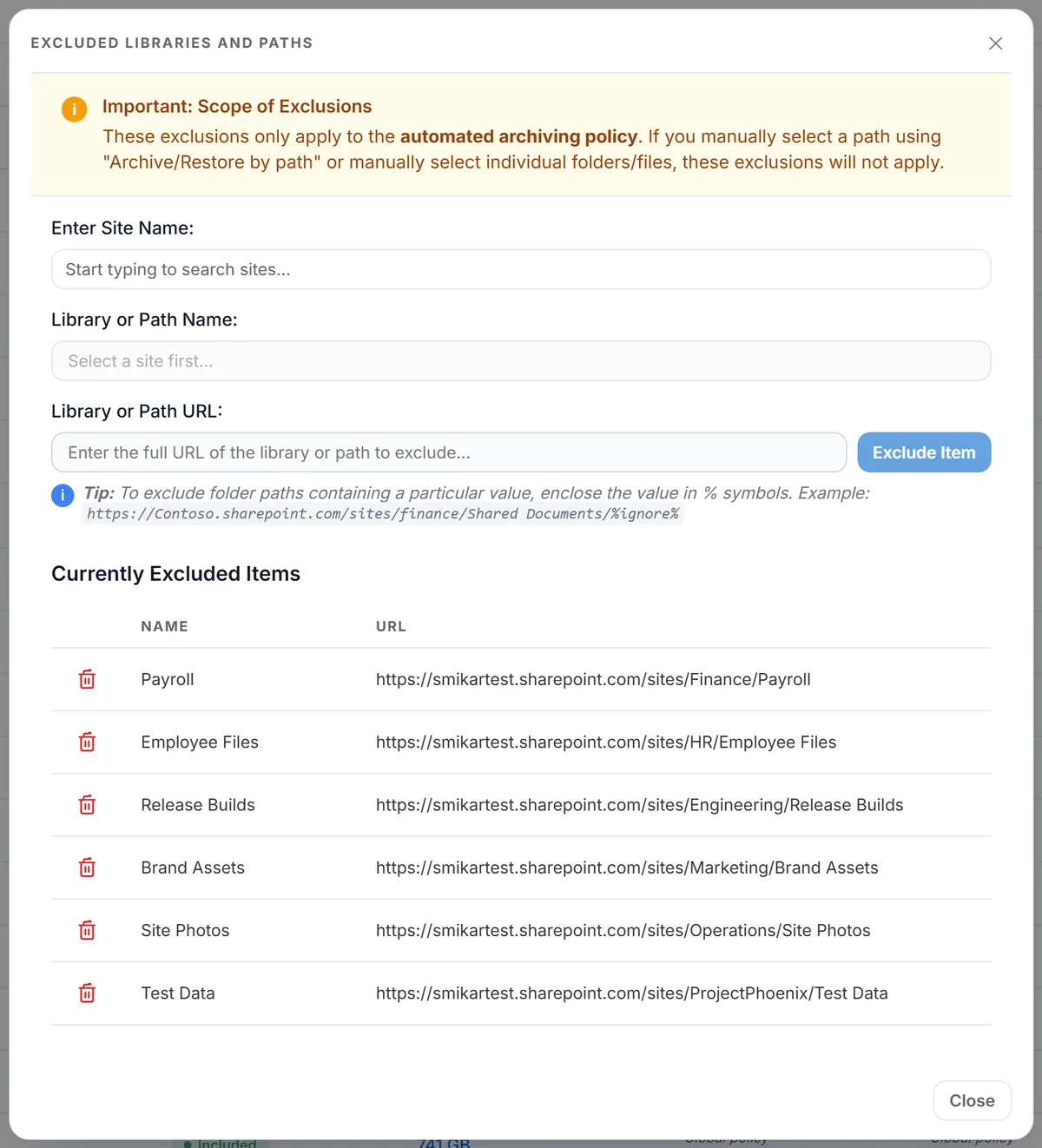 The Excluded Libraries and Paths dialog as it opens, with the scope warning and an empty site field