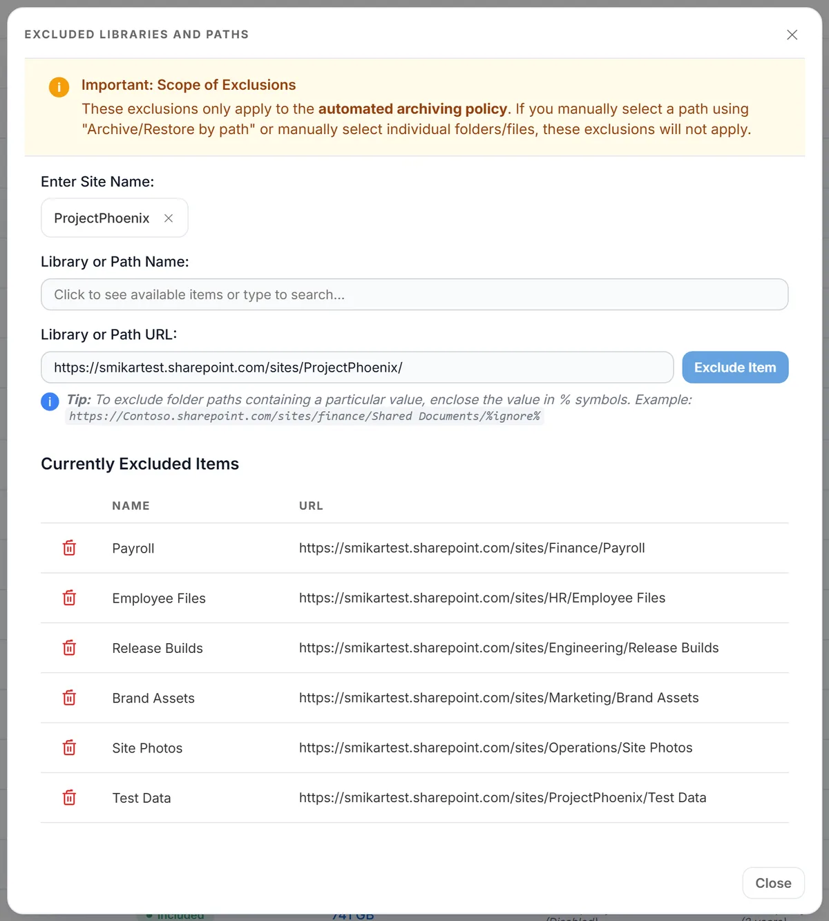The chosen site shown as a chip, the library field now enabled and the URL pre-filled to the site root