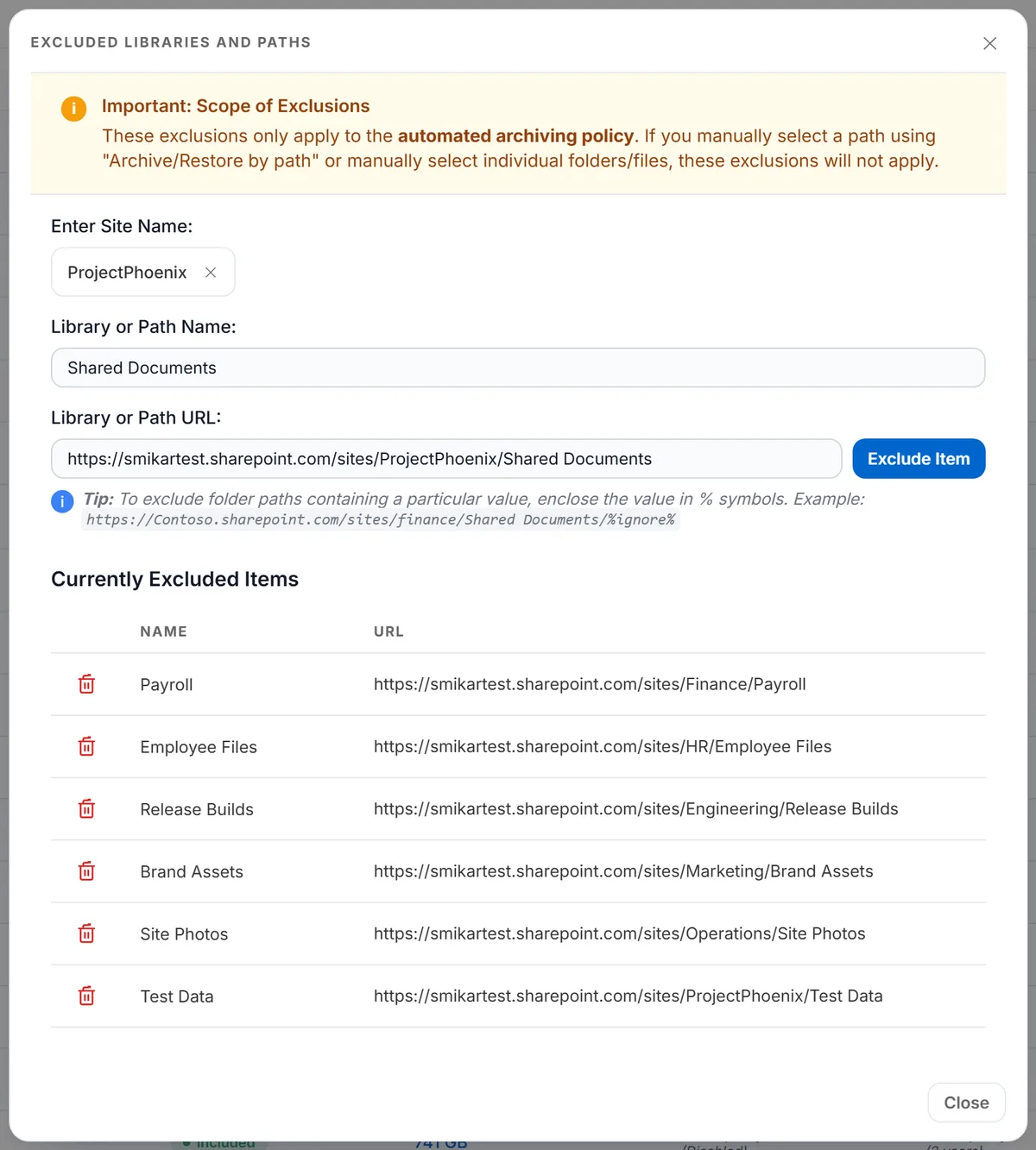 The library selected and the full path assembled in the URL field, with Exclude Item now available