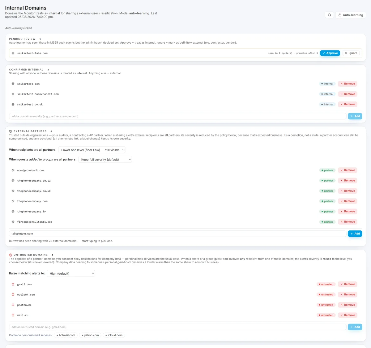 Adding a partner domain: type it or pick from the domains Burrow has already seen you share with