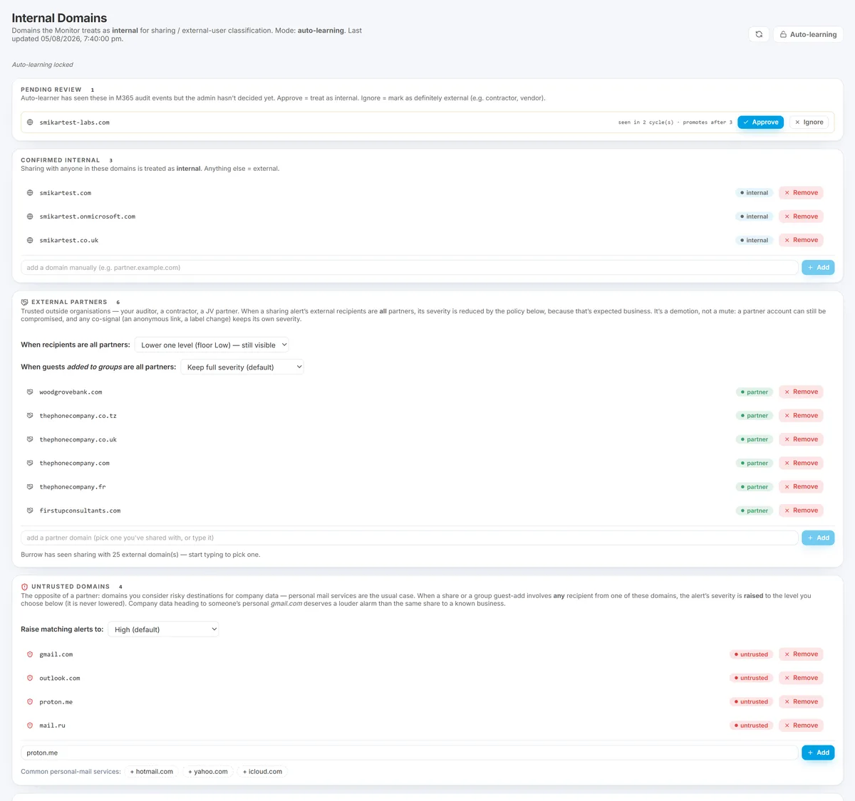 Adding an untrusted domain, with the selector that decides how far matching alerts are raised