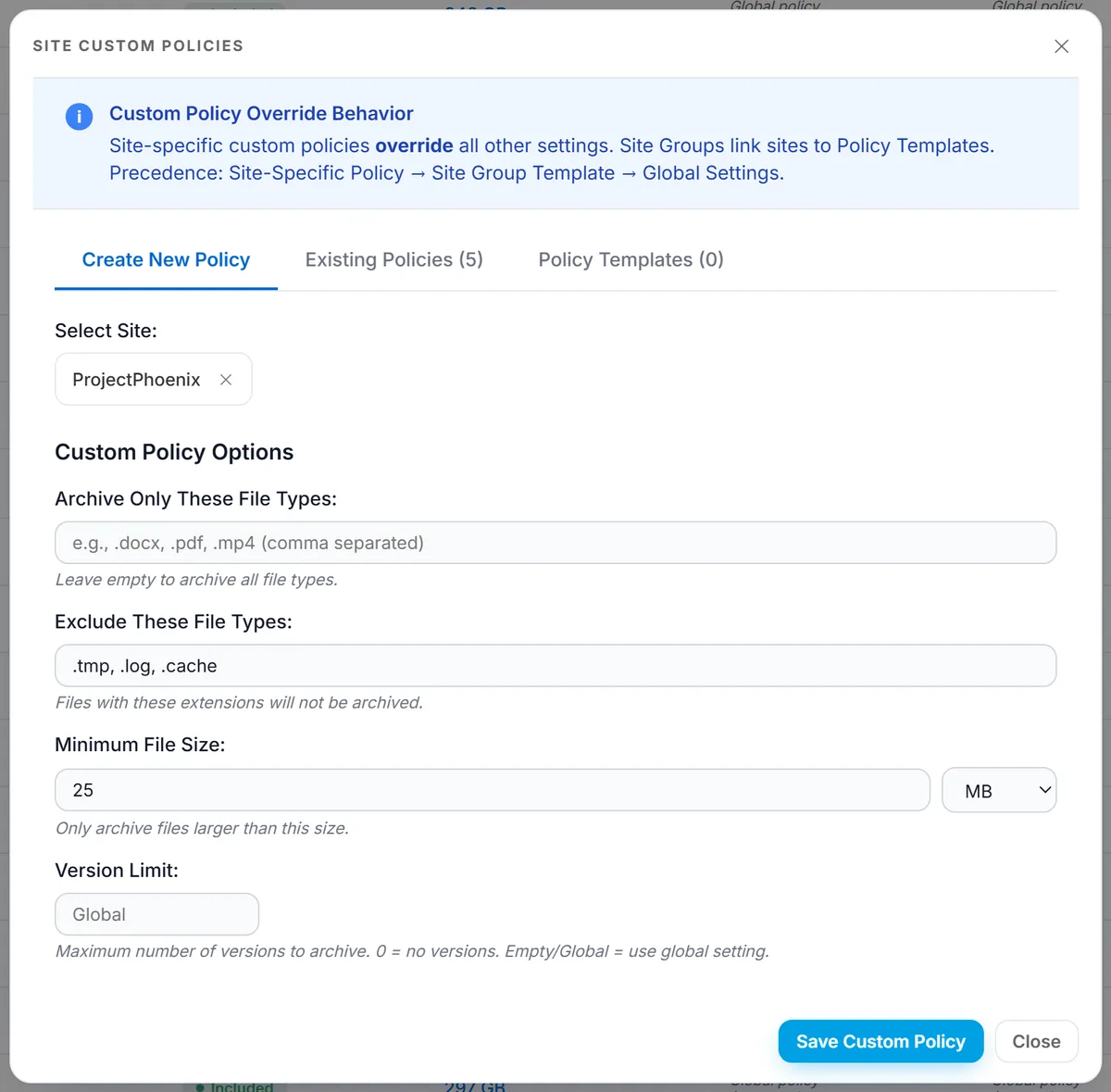 The Site Custom Policies dialog with a site selected, showing the archive-only file types, excluded file types and minimum file size fields
