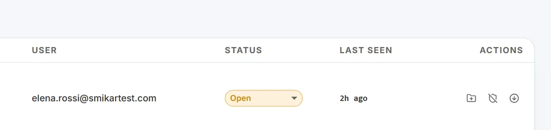The per-row actions on the Alerts page: link to case, suppress and downgrade, alongside the inline status control
