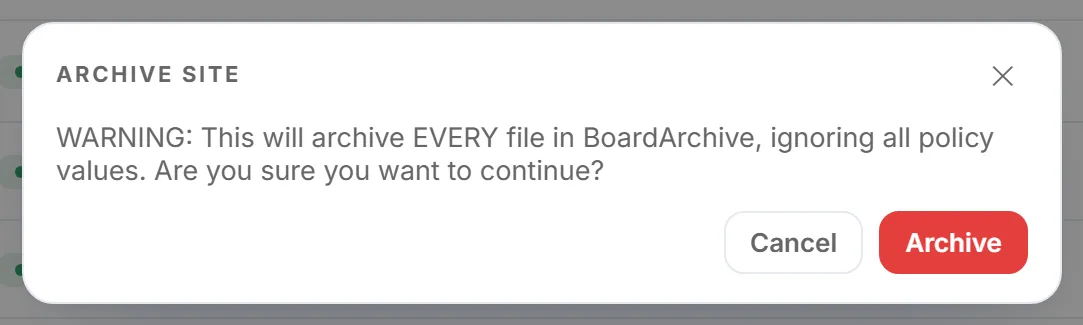 The site-wide Archive confirmation, warning that this will archive every file in the site, ignoring all policy values