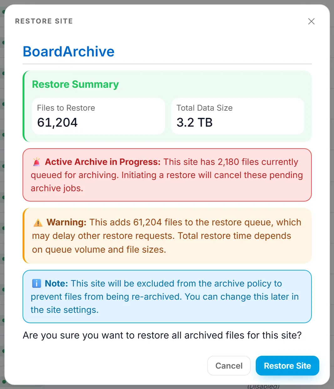 The site-wide Restore confirmation, showing files to restore and total data size, a warning that a restore cancels pending archive jobs, and a note that the site will be excluded from the archive policy